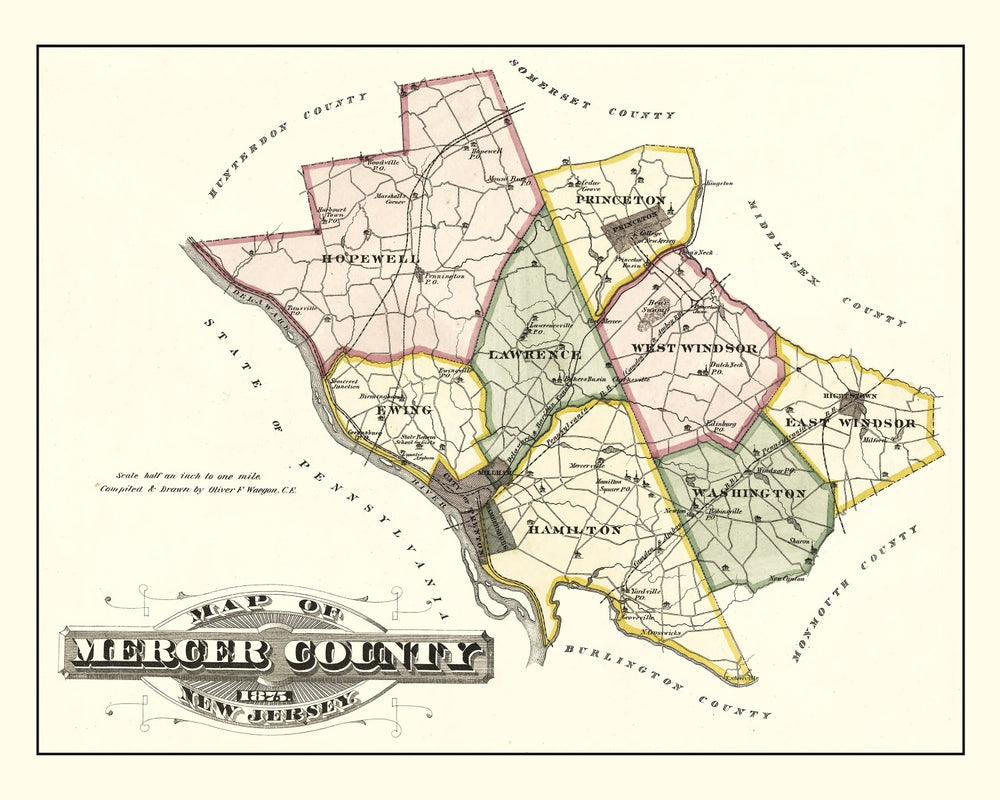Vintage Map of Mercer County, New Jersey 1875 print style example