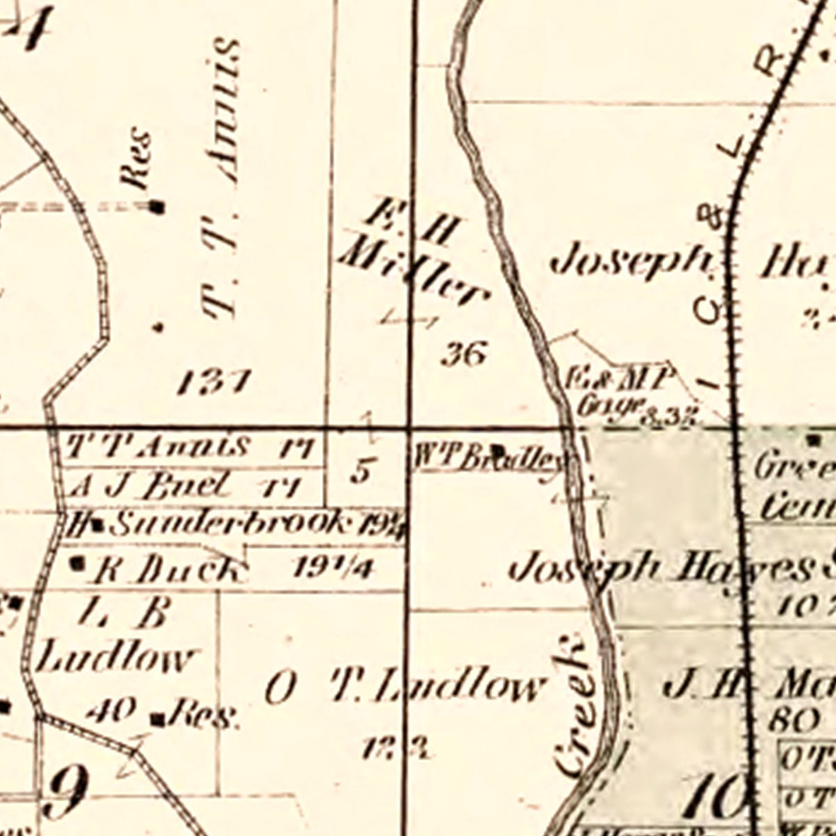 Restored historic details from the 1875 township map of Dearborn County, Indiana