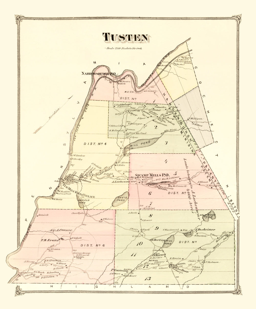 Vintage Map of Tusten Township, Sullivan County, New York 1875 print style example