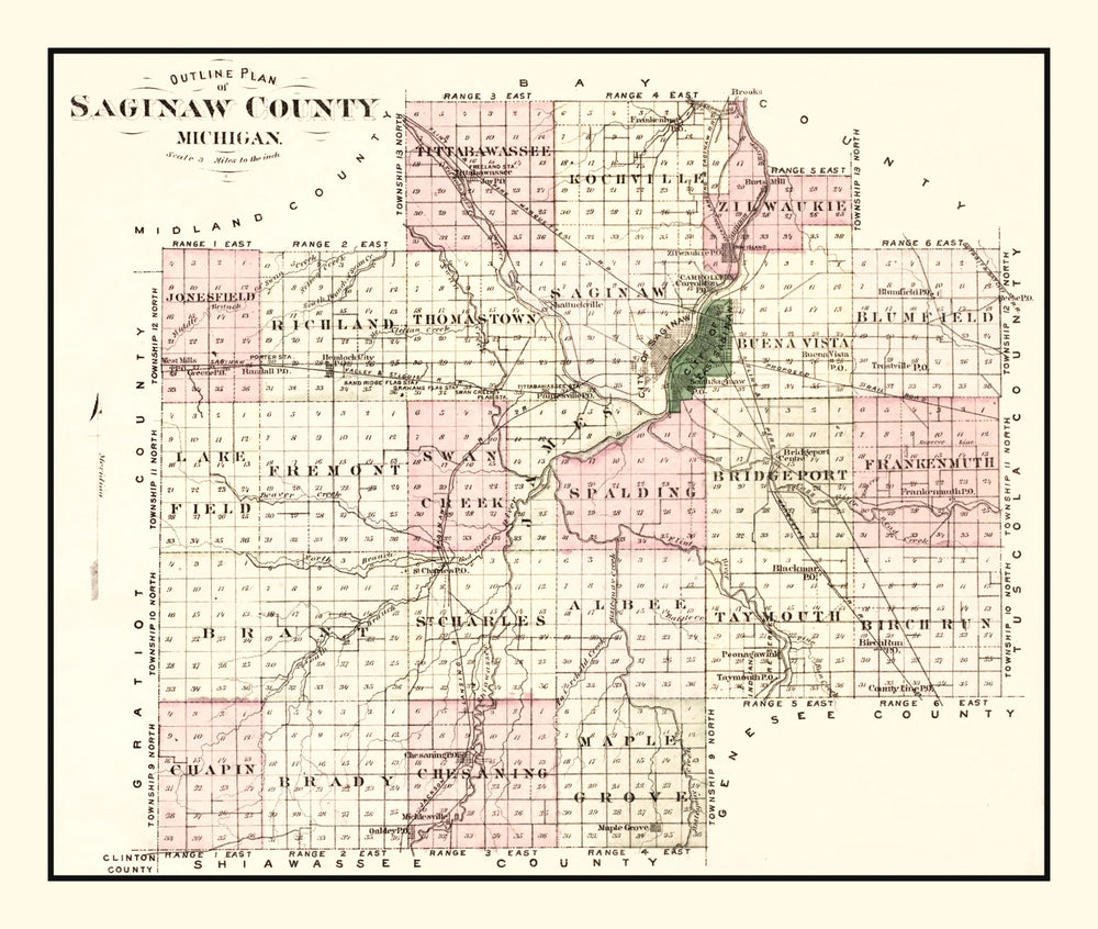Vintage Map of Saginaw County, Michigan 1877 print style example