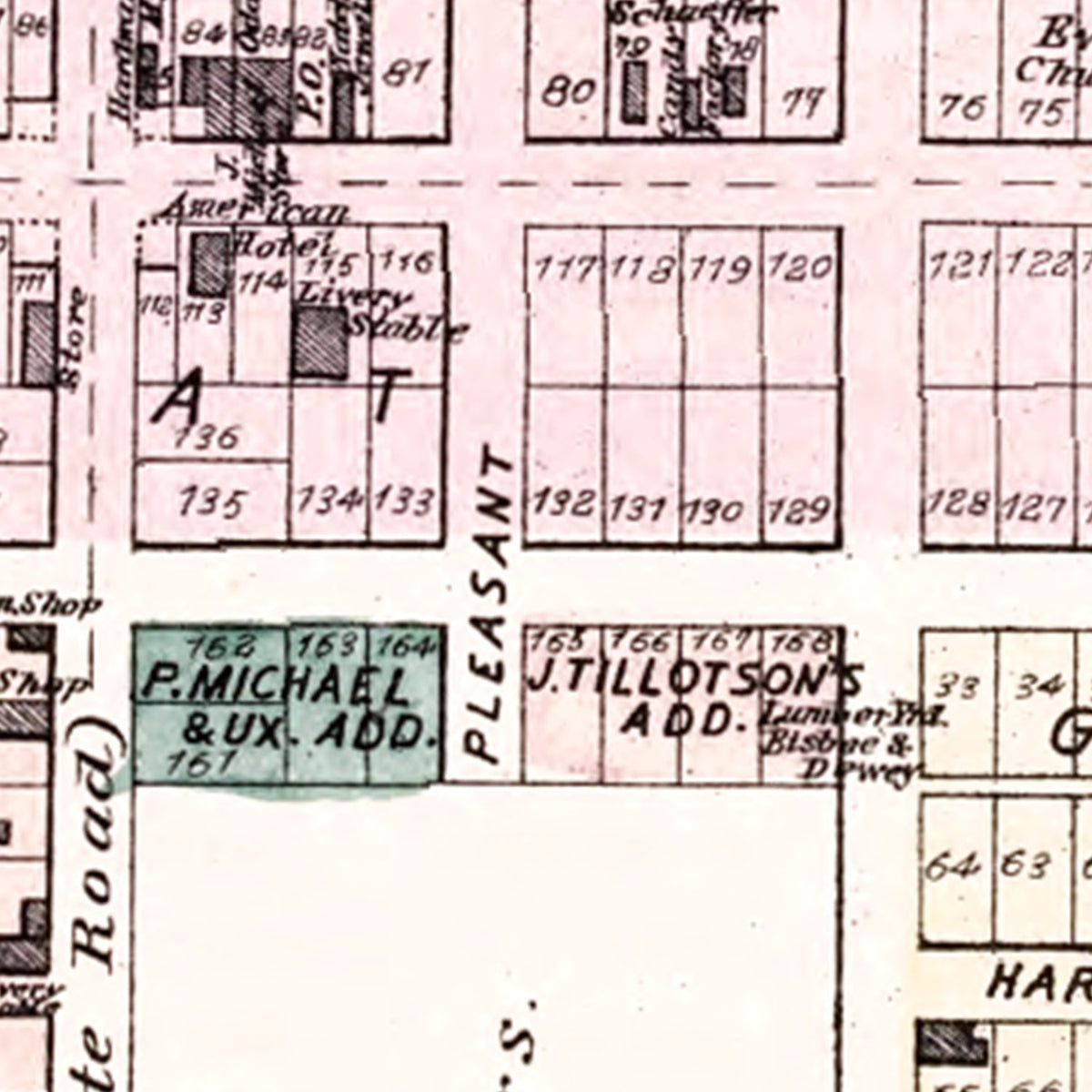Restored historic details from the 1880 city map of Fremont, Indiana