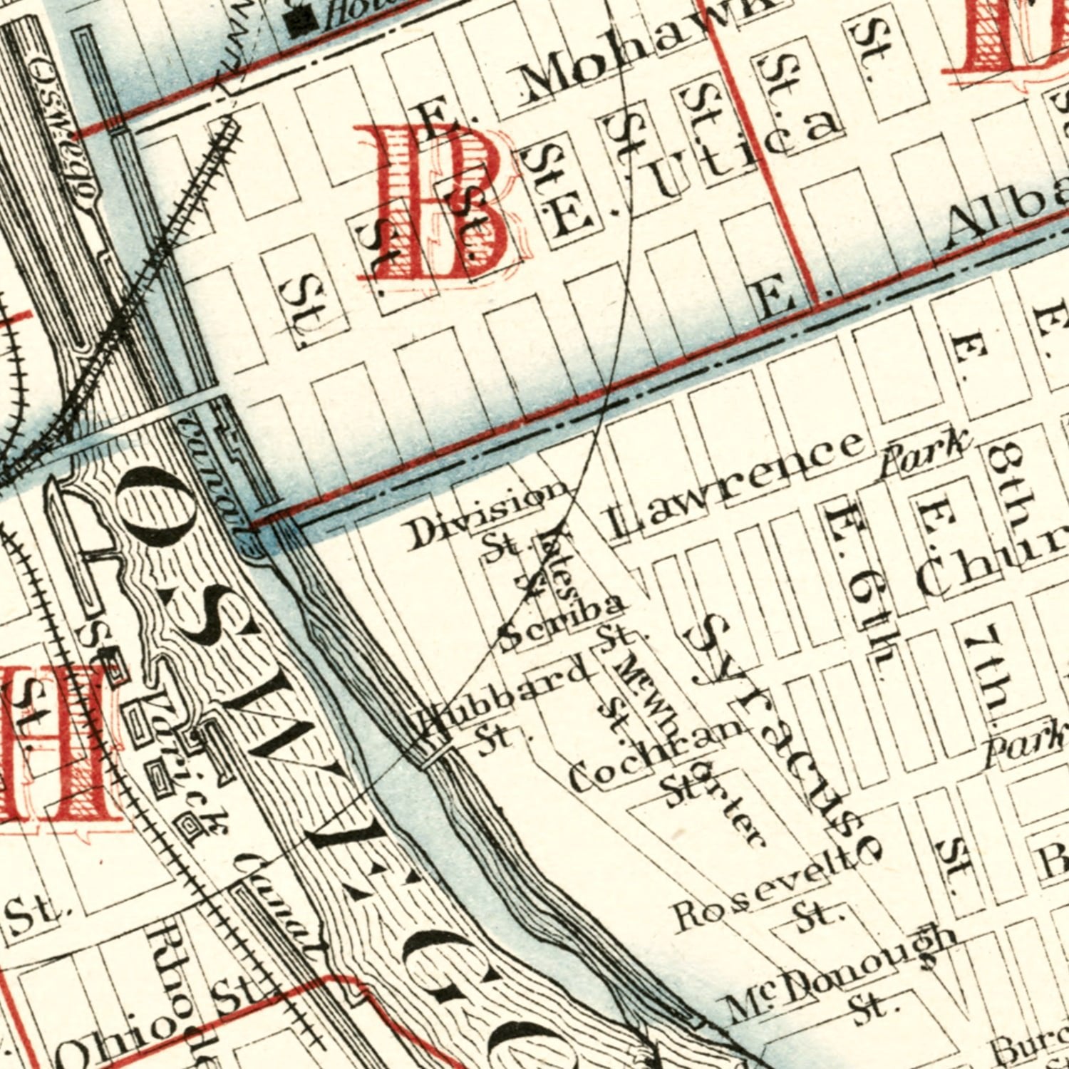 Restored historic details from the 1880 city map of Oswego, New York