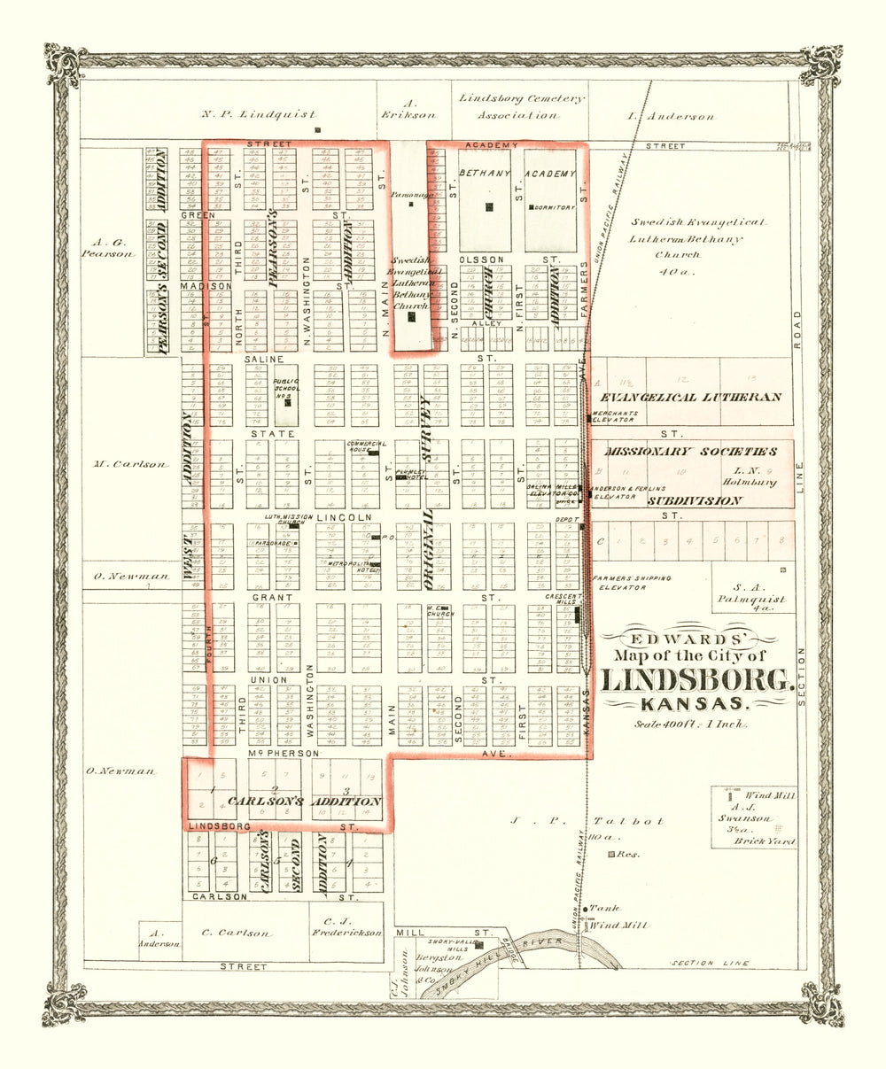 Vintage Map of Lindsborg, Kansas 1884 print style example