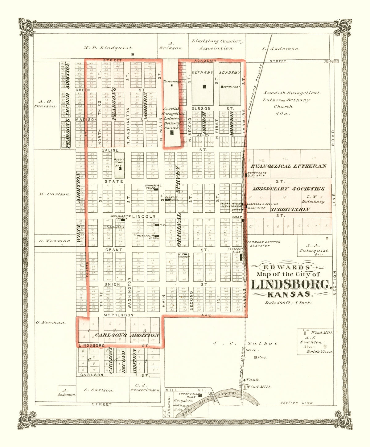 Preview of Vintage Map of Lindsborg, Kansas 1884