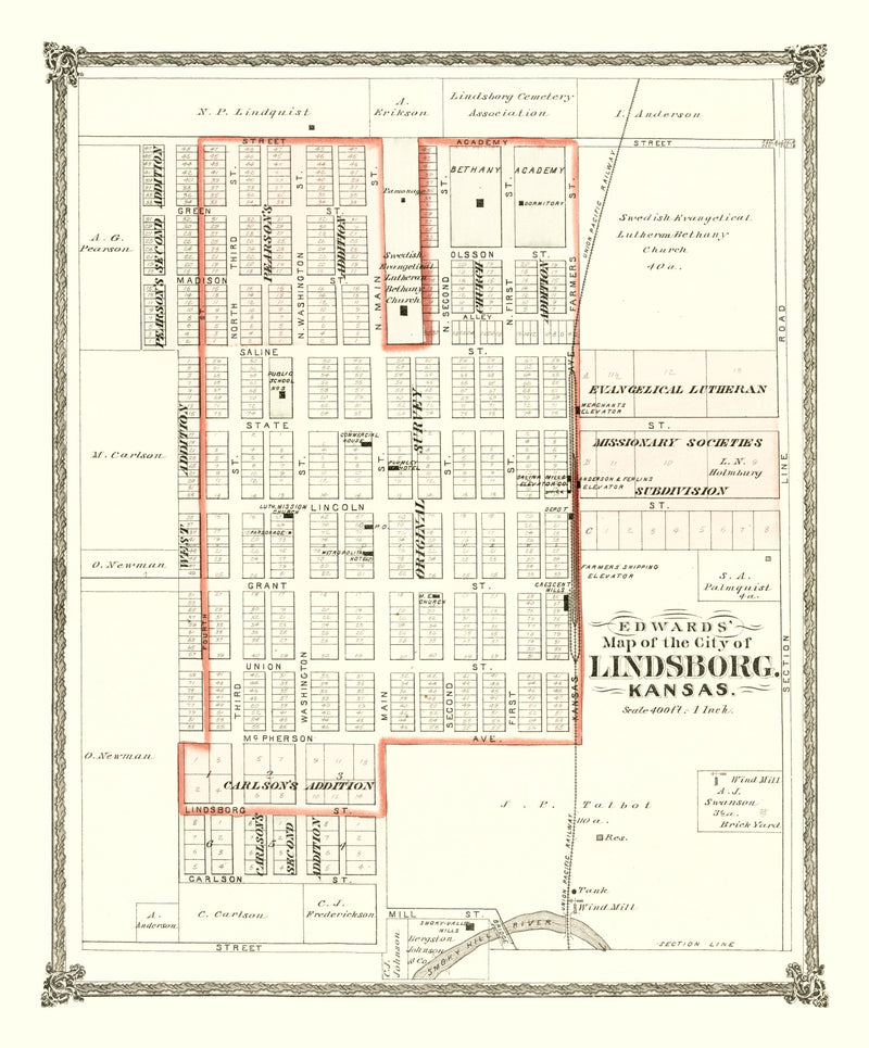 Size comparison using Vintage Map of Lindsborg, Kansas 1884