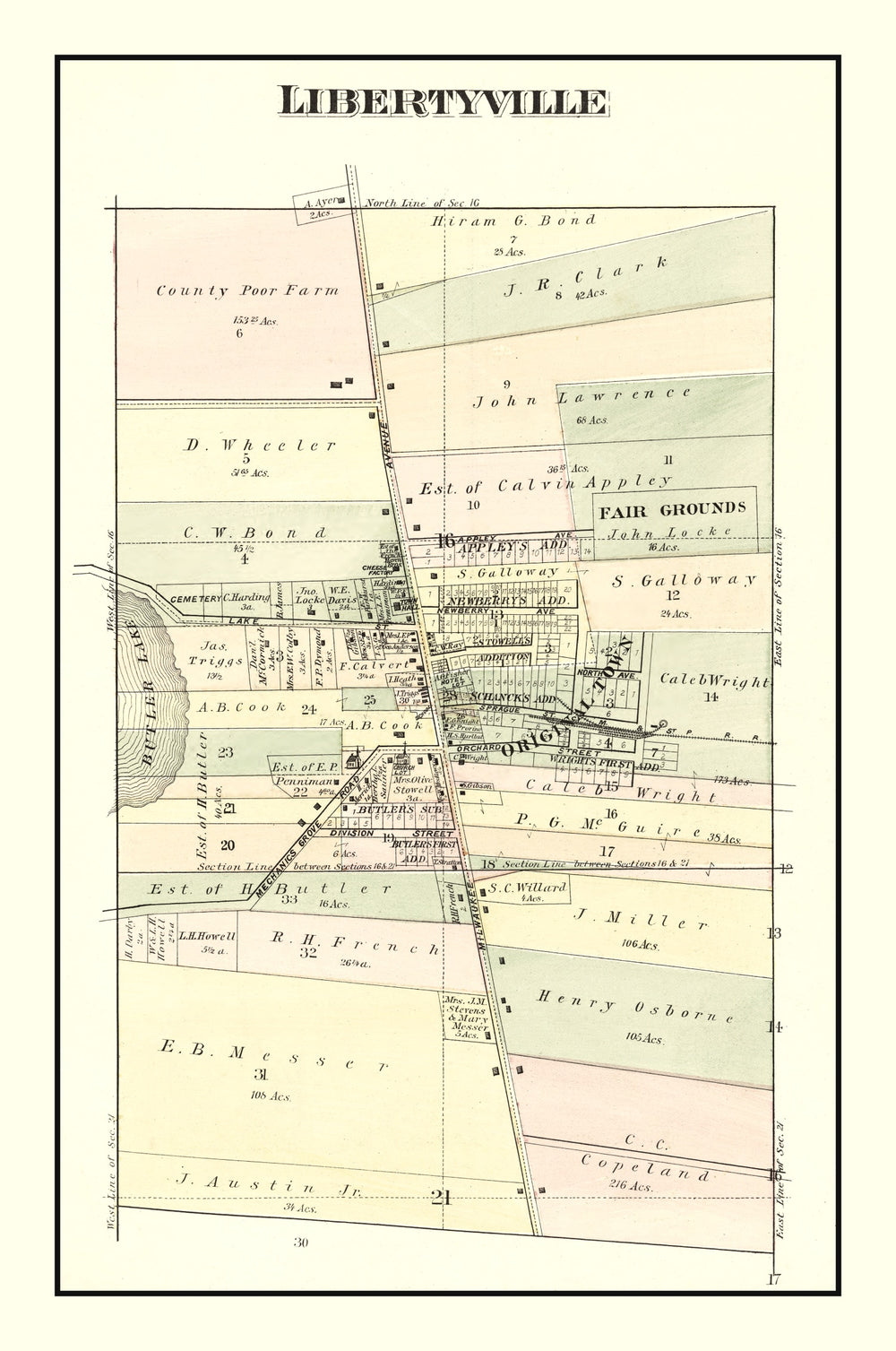 Vintage Map of Libertyville, Illinois 1885 print style example