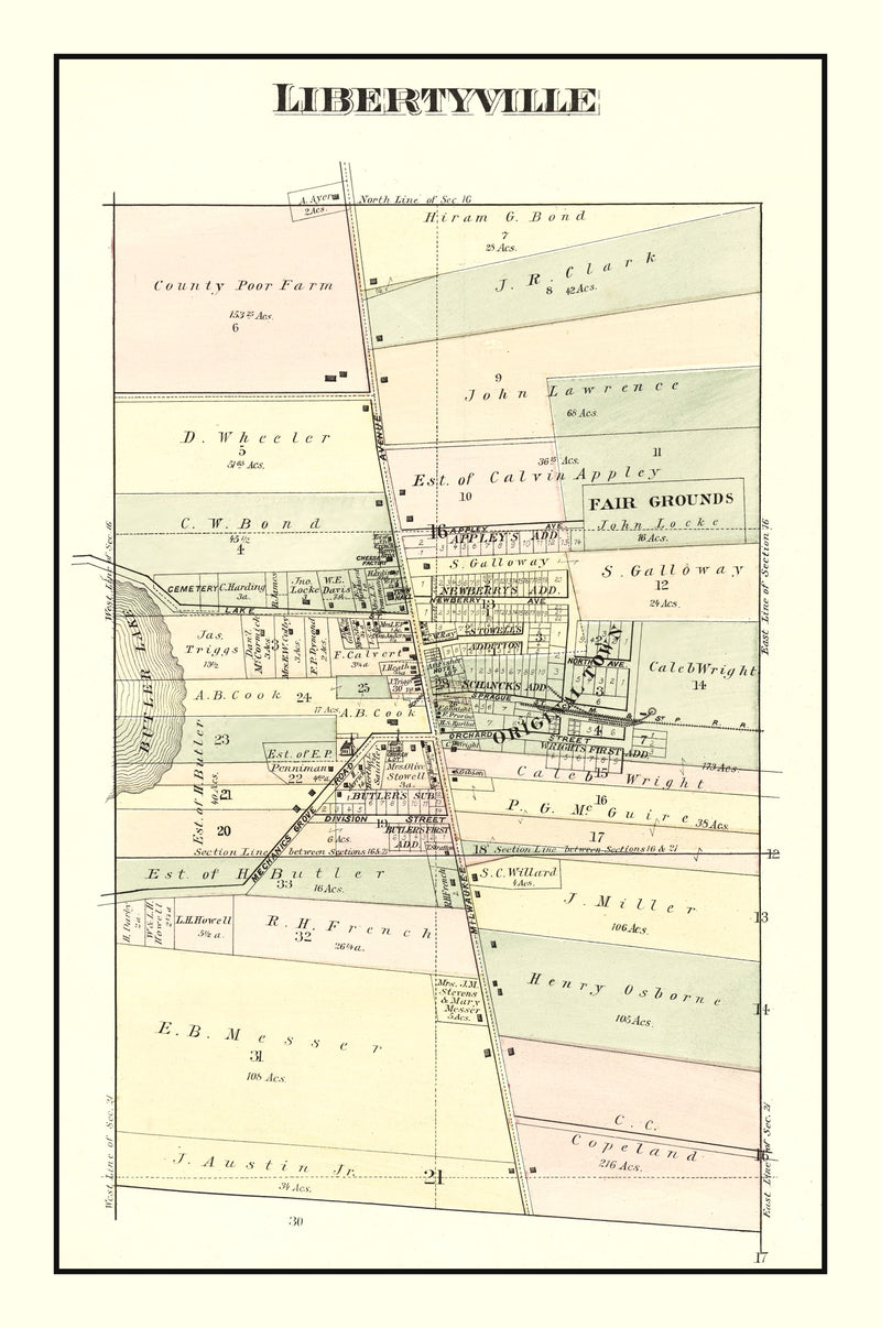 Size comparison using Vintage Map of Libertyville, Illinois 1885