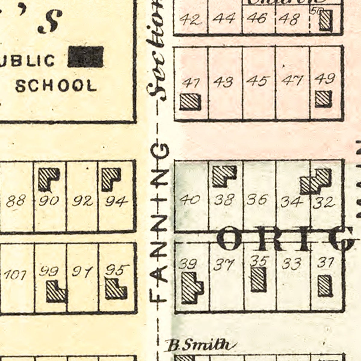 Restored historic details from the 1887 city map of Morrill, Kansas