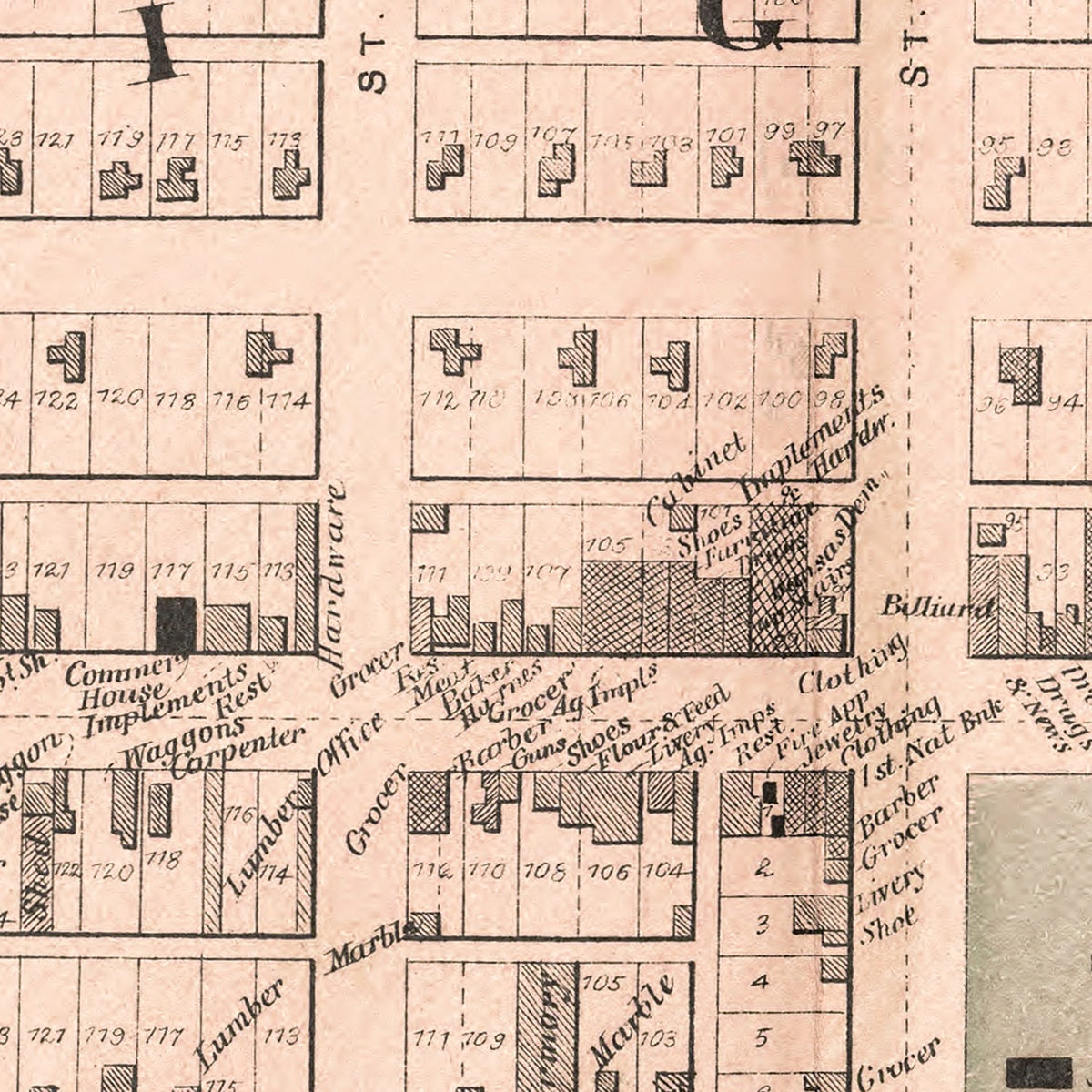 Restored historic details from the 1887 city map of Hiawatha, Kansas