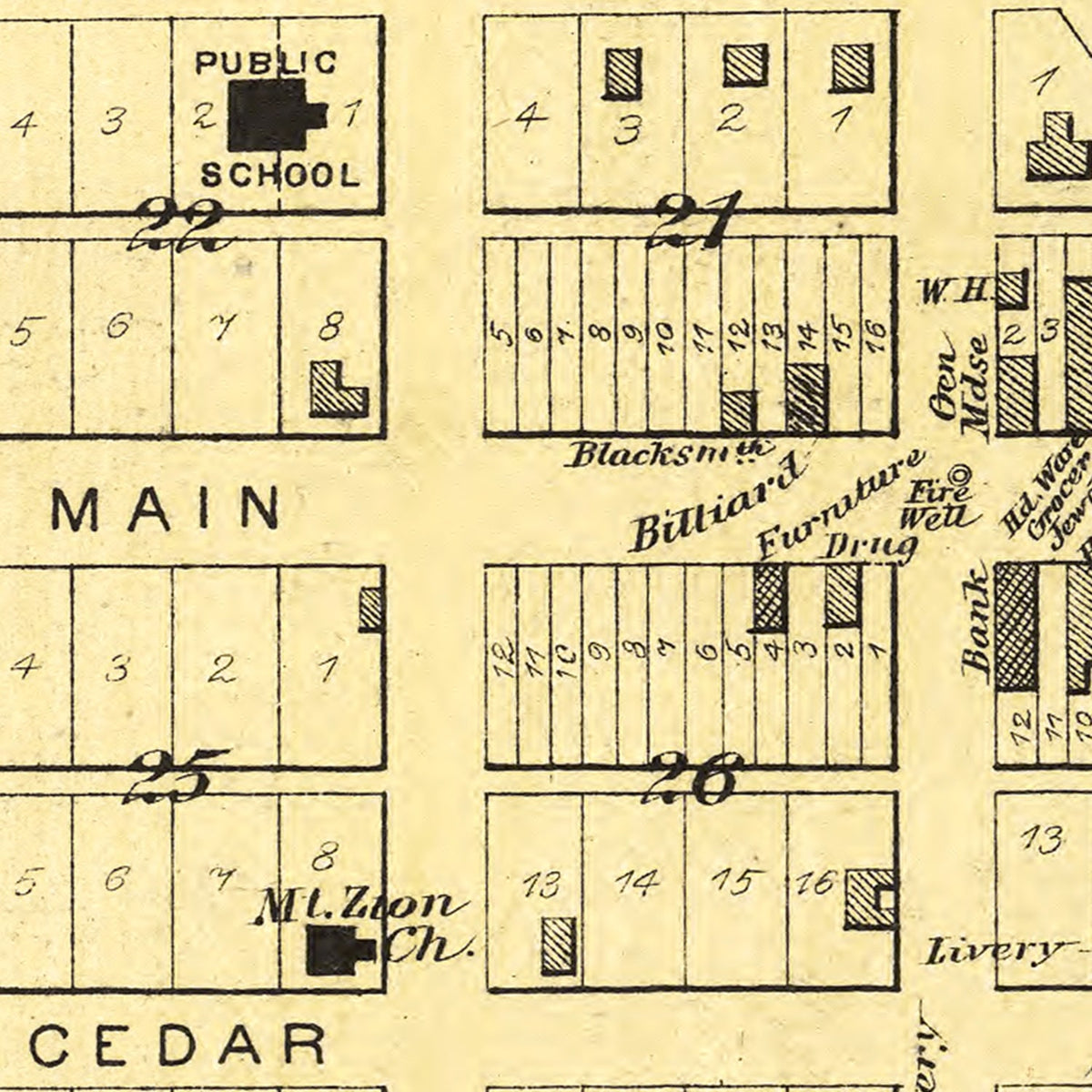 Restored historic details from the 1887 city map of Everest, Kansas