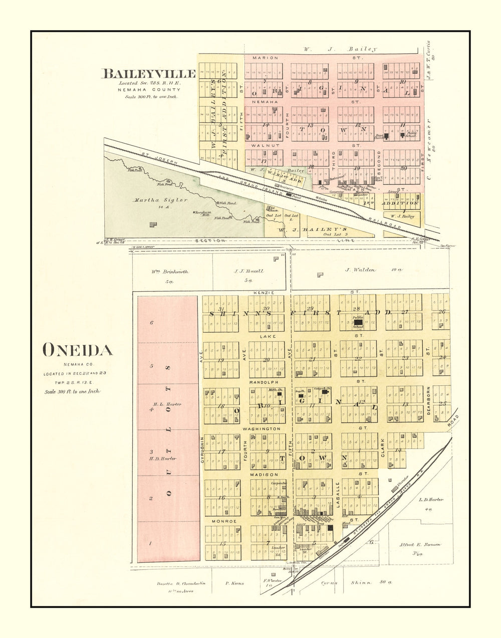 Vintage Map of Baileyville, Kansas 1887 print style example