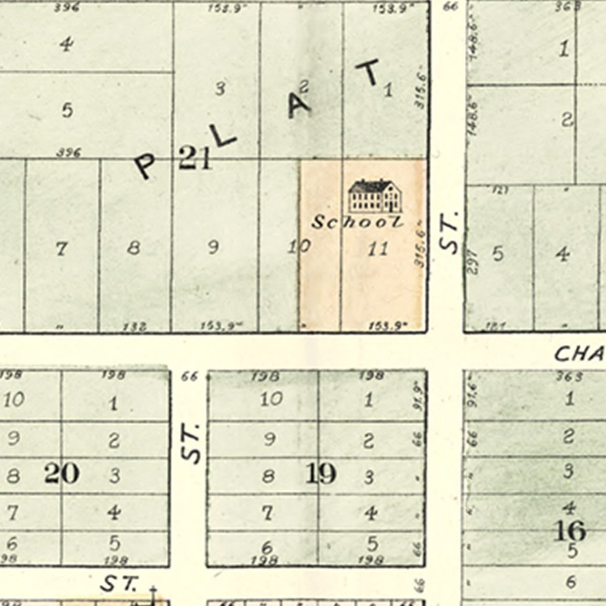 Restored historic details from the 1889 city map of Flushing, Michigan