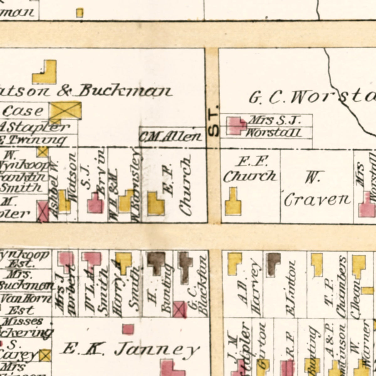 Restored historic details from the 1891 city map of Newtown, Pennsylvania