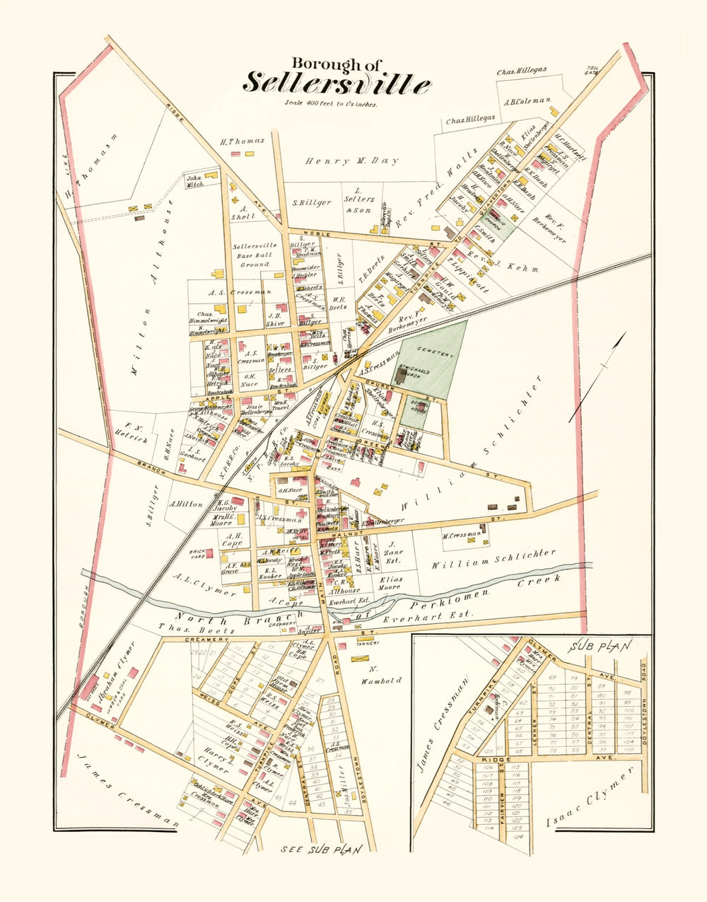 Vintage Map of Sellersville, Pennsylvania 1891 print style example