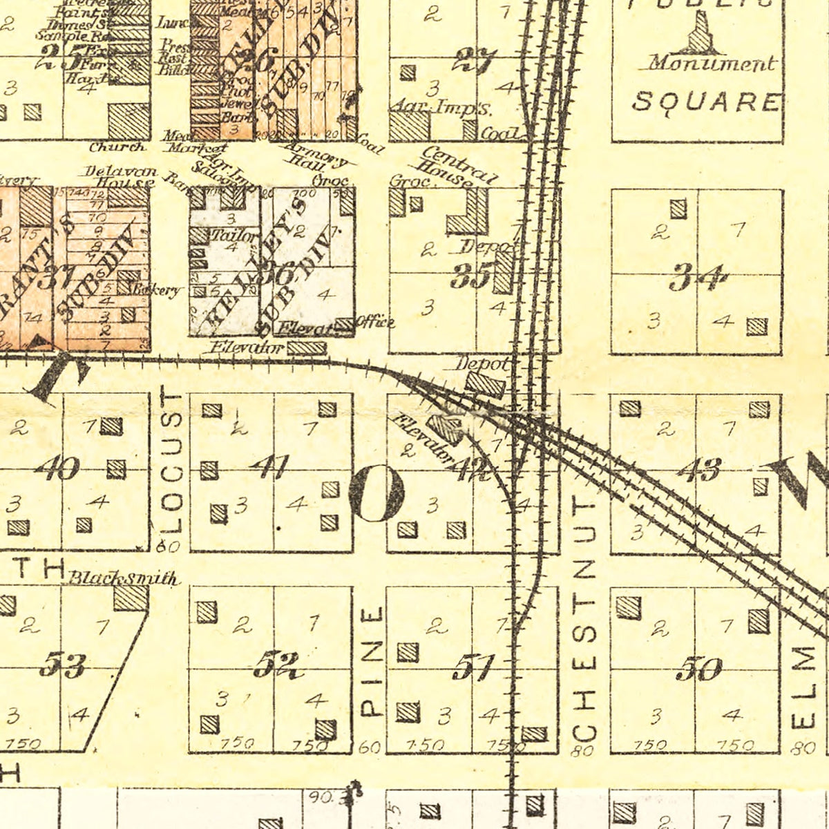 Restored historic details from the 1891 city map of Delavan, Illinois