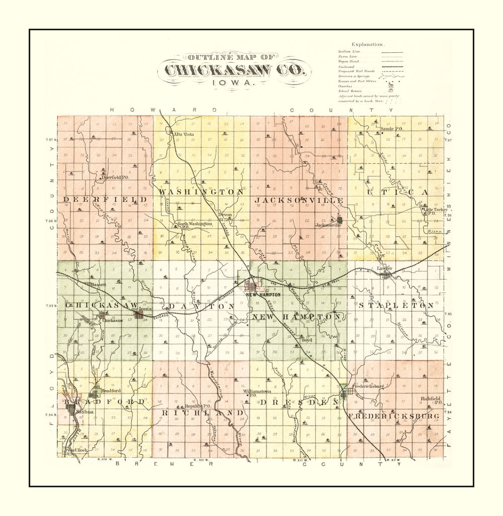 Vintage Map of Chickasaw County, Iowa 1892 print style example