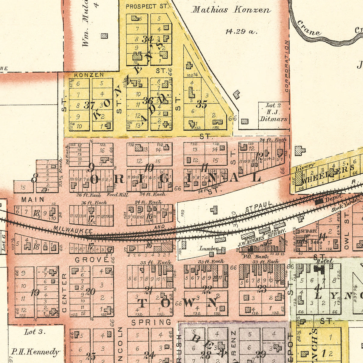 Restored historic details from the 1892 city map of Lawler, Iowa