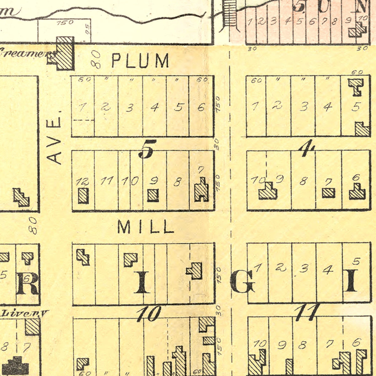 Restored historic details from the 1892 city map of Fredericksburg, Iowa