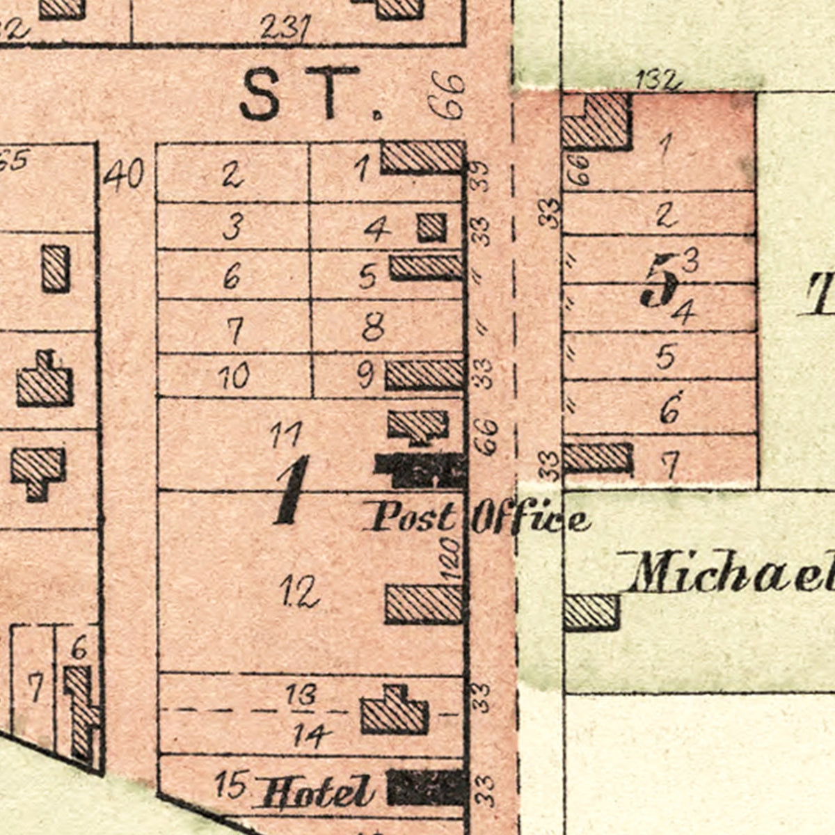 Restored historic details from the 1892 city map of Bassett, Iowa