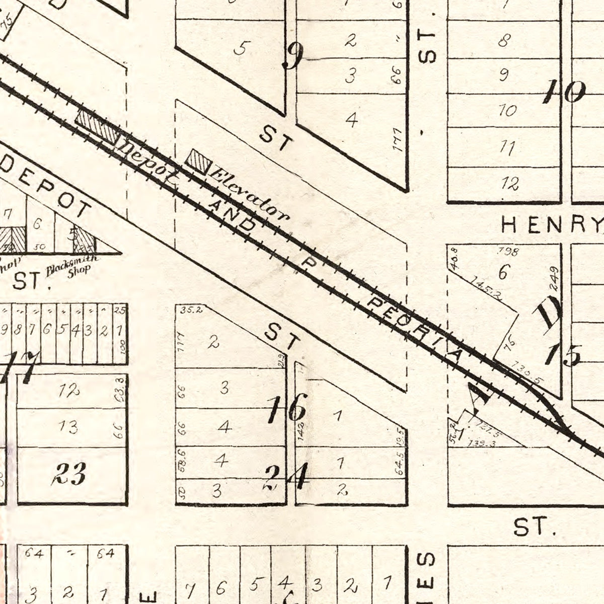Restored historic details from the 1893 city map of Cambridge, Illinois
