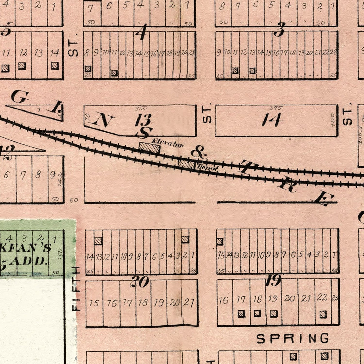 Restored historic details from the 1893 city map of Orion, Illinois