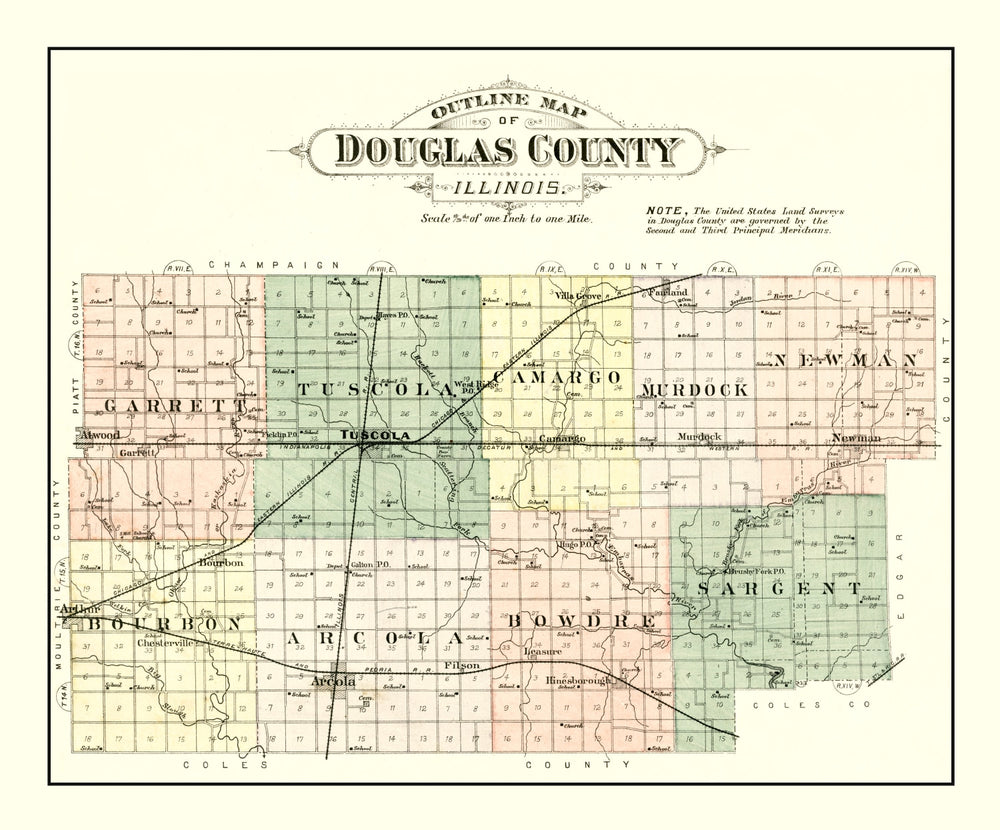 Vintage Map of Douglas County, Illinois 1893 print style example