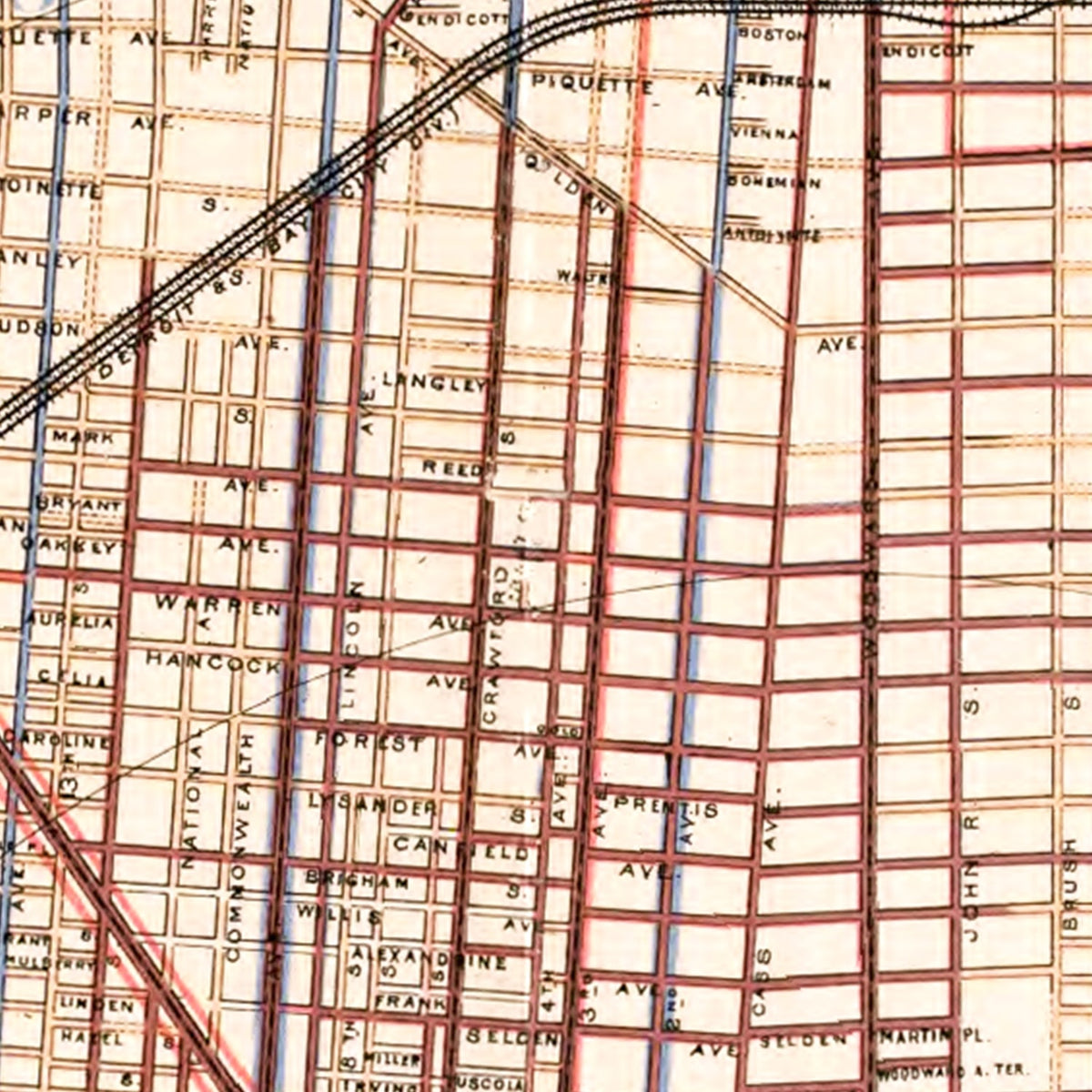 Restored historic details from the 1893 city map of Detroit, Michigan