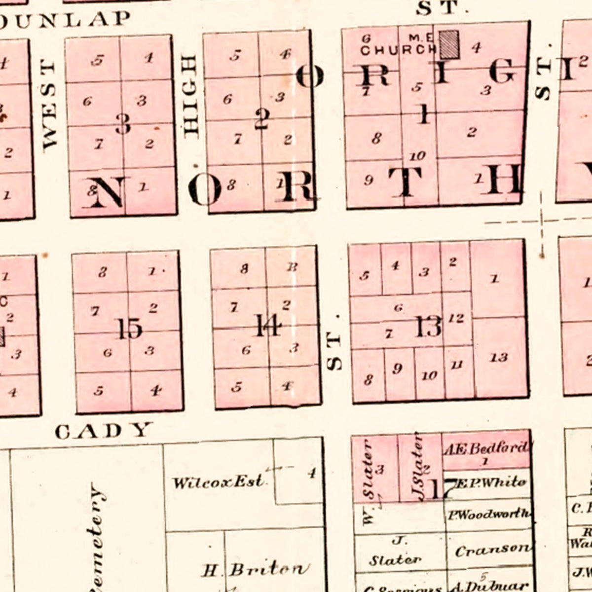 Restored historic details from the 1893 city map of Northville, Michigan