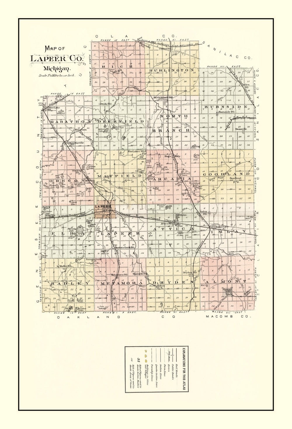 Vintage Map of Lapeer County, Michigan 1893 print style example