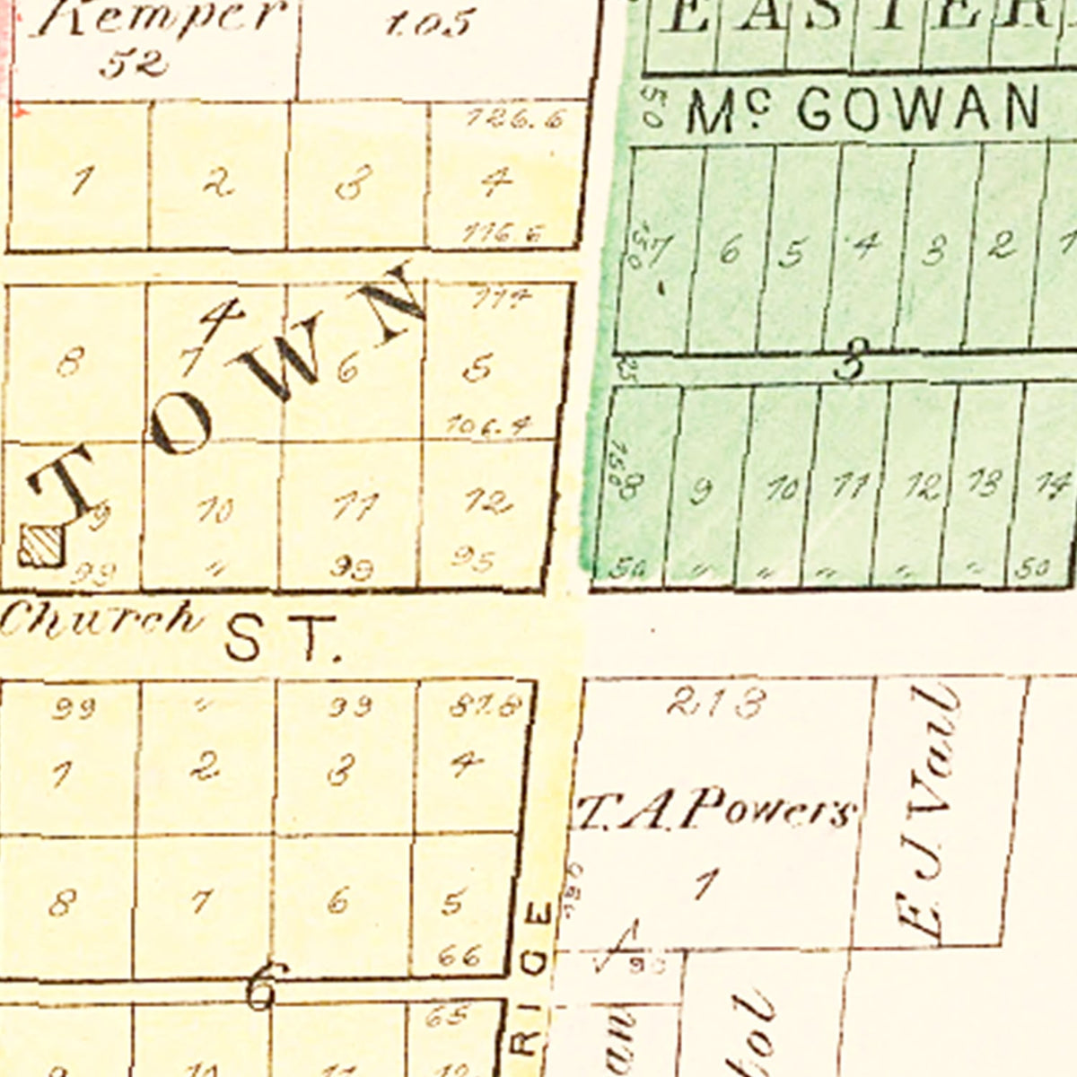 Restored historic details from the 1893 city map of Industry, Illinois