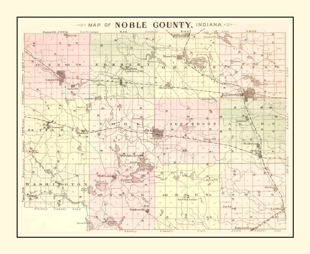 Vintage Map of Noble County, Indiana 1893 print style example
