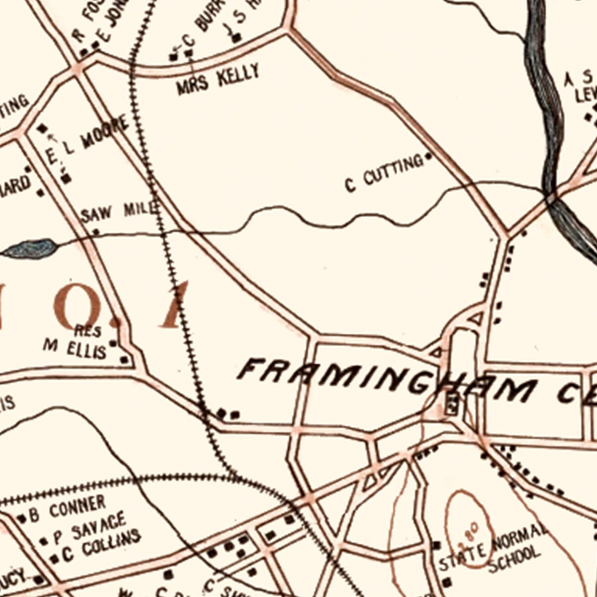 Restored historic details from the 1895 city map of Framingham, Massachusetts