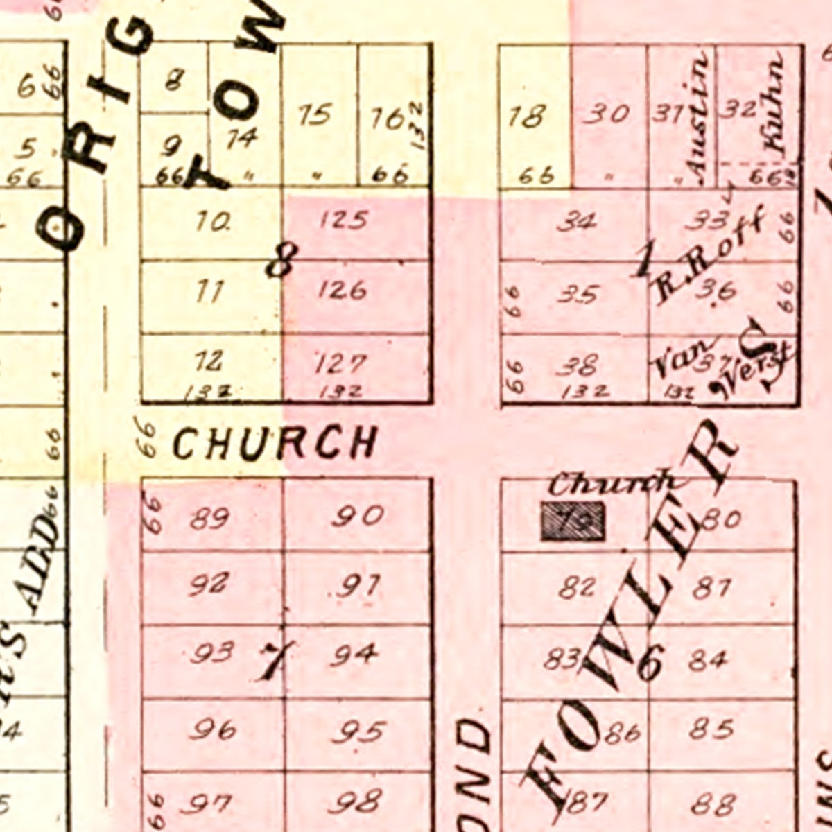 Restored historic details from the 1895 city map of Fowlerville, Michigan