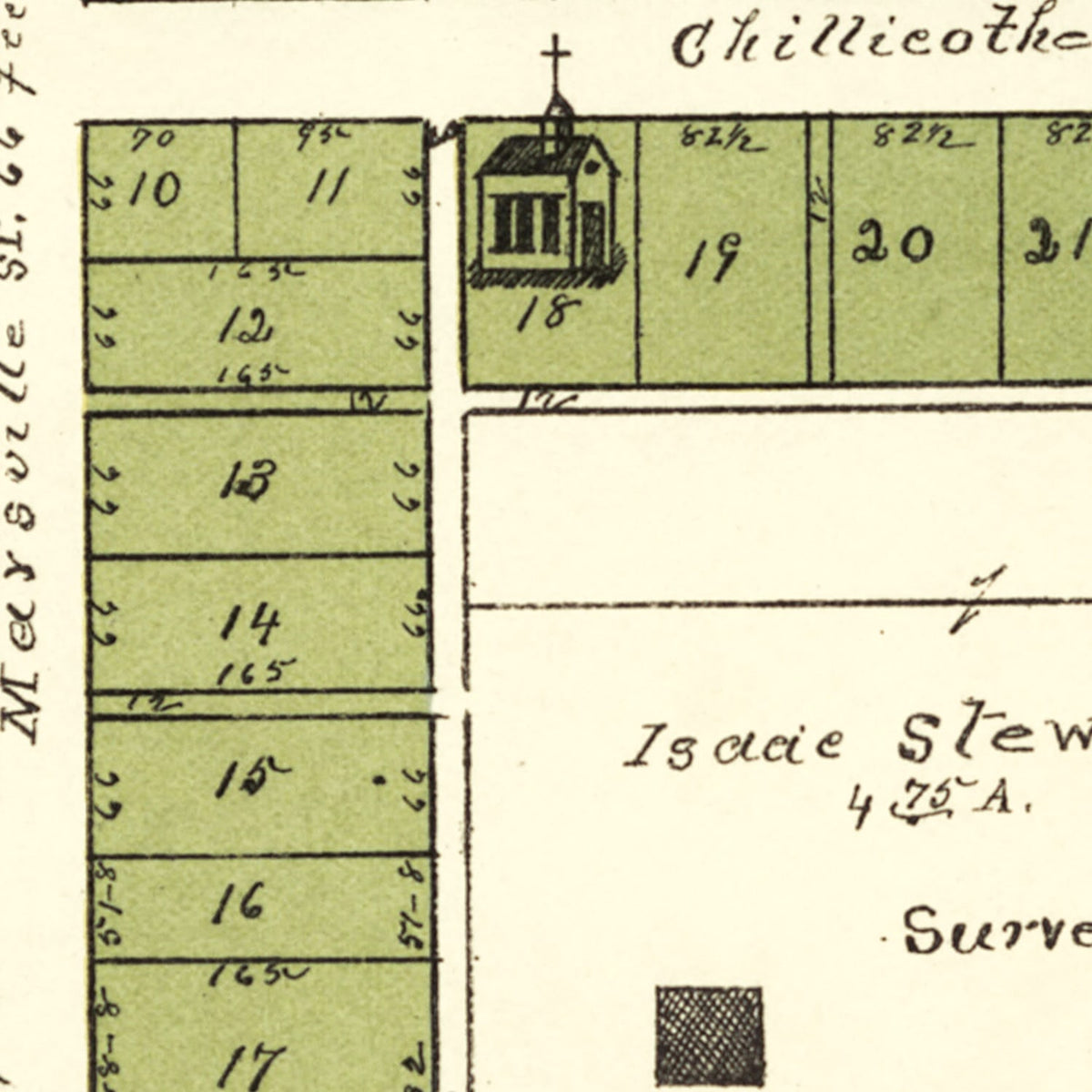 Restored historic details from the 1896 city map of Bowersville, Ohio