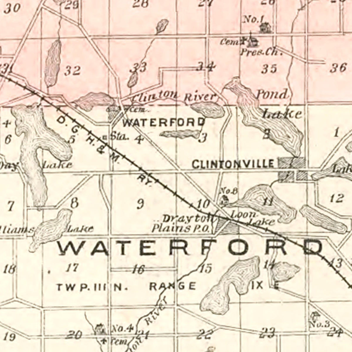Restored historic details from the 1896 county map of Oakland County, Michigan