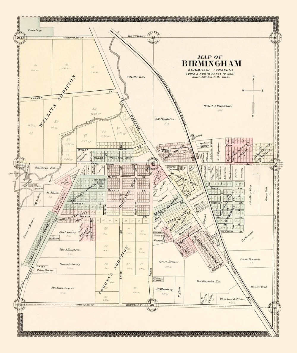 Vintage Map of Birmingham, Michigan 1896 print style example