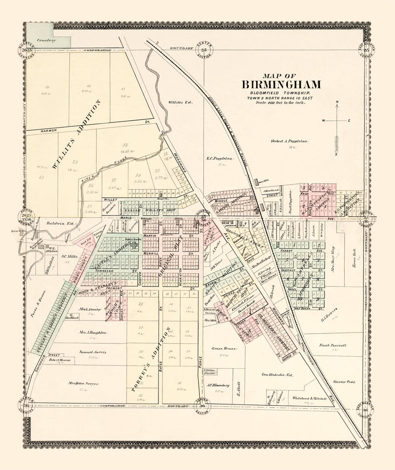 Size comparison using Vintage Map of Birmingham, Michigan 1896