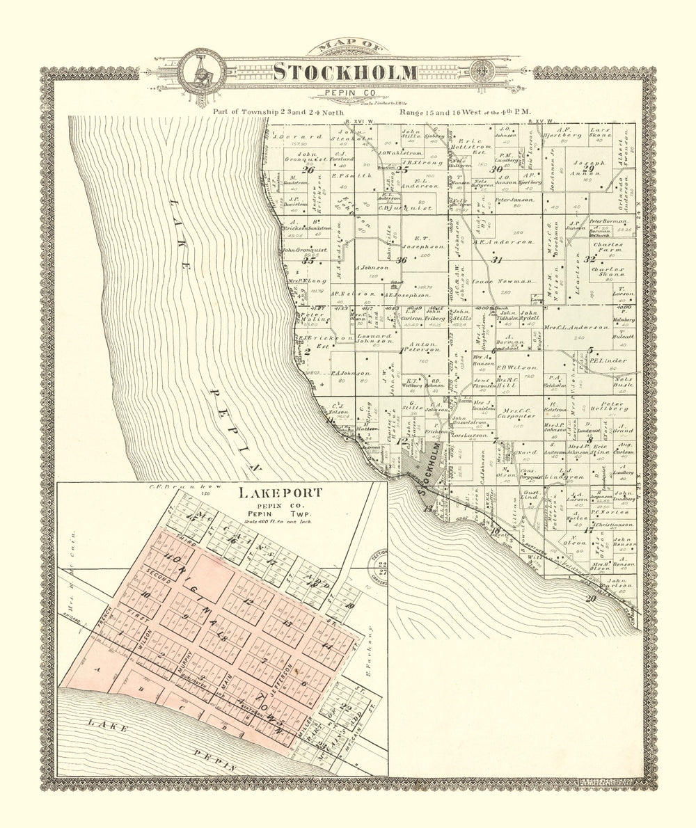 Vintage Map of Stockholm, Wisconsin 1896 print style example