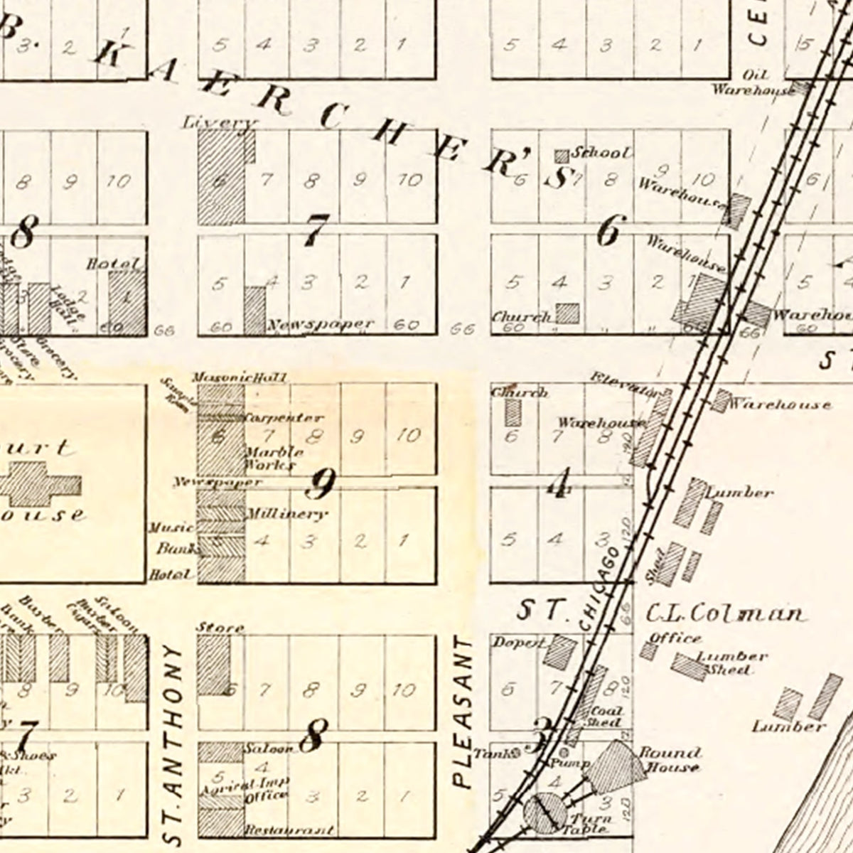 Restored historic details from the 1896 city map of Preston, Minnesota