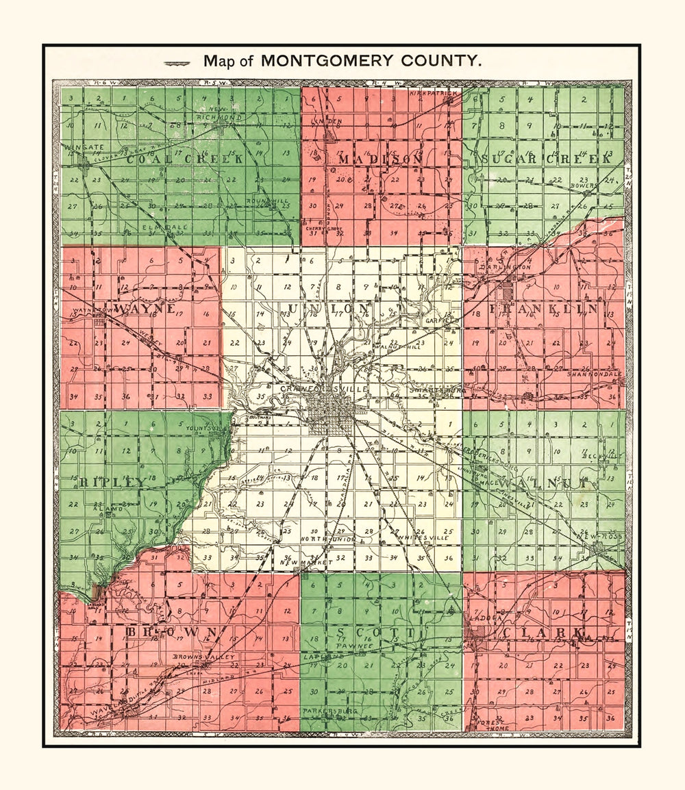 Vintage Map of Montgomery County, Indiana 1898 print style example