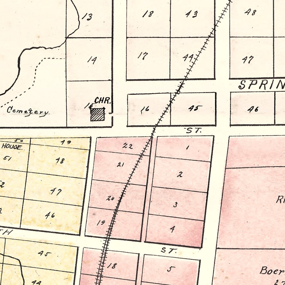 Restored historic details from the 1899 city map of Patoka, Indiana