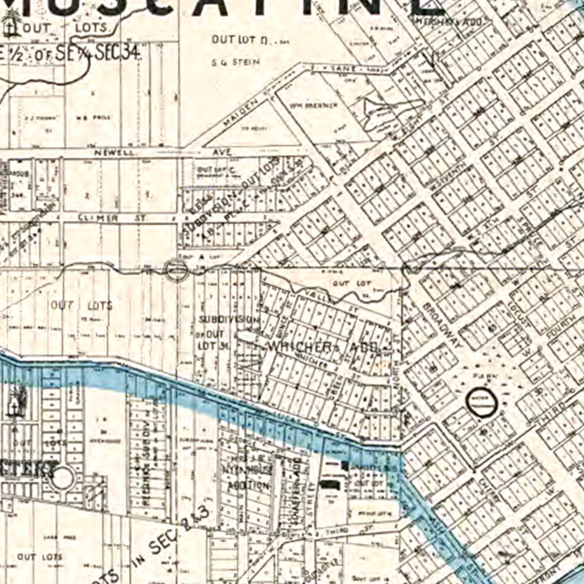Restored historic details from the 1899 city map of Muscatine, Iowa