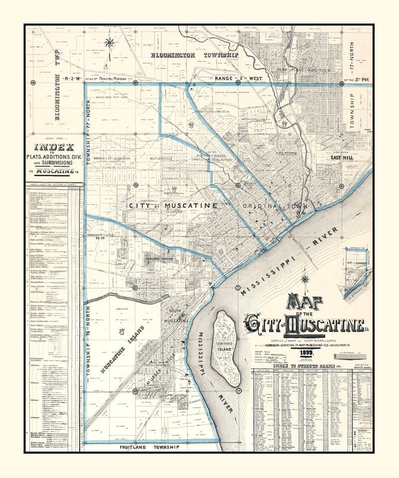 Size comparison using Vintage Map of Muscatine, Iowa 1899