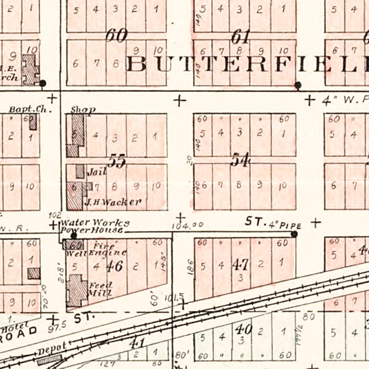 Restored historic details from the 1899 city map of Wilton, Iowa