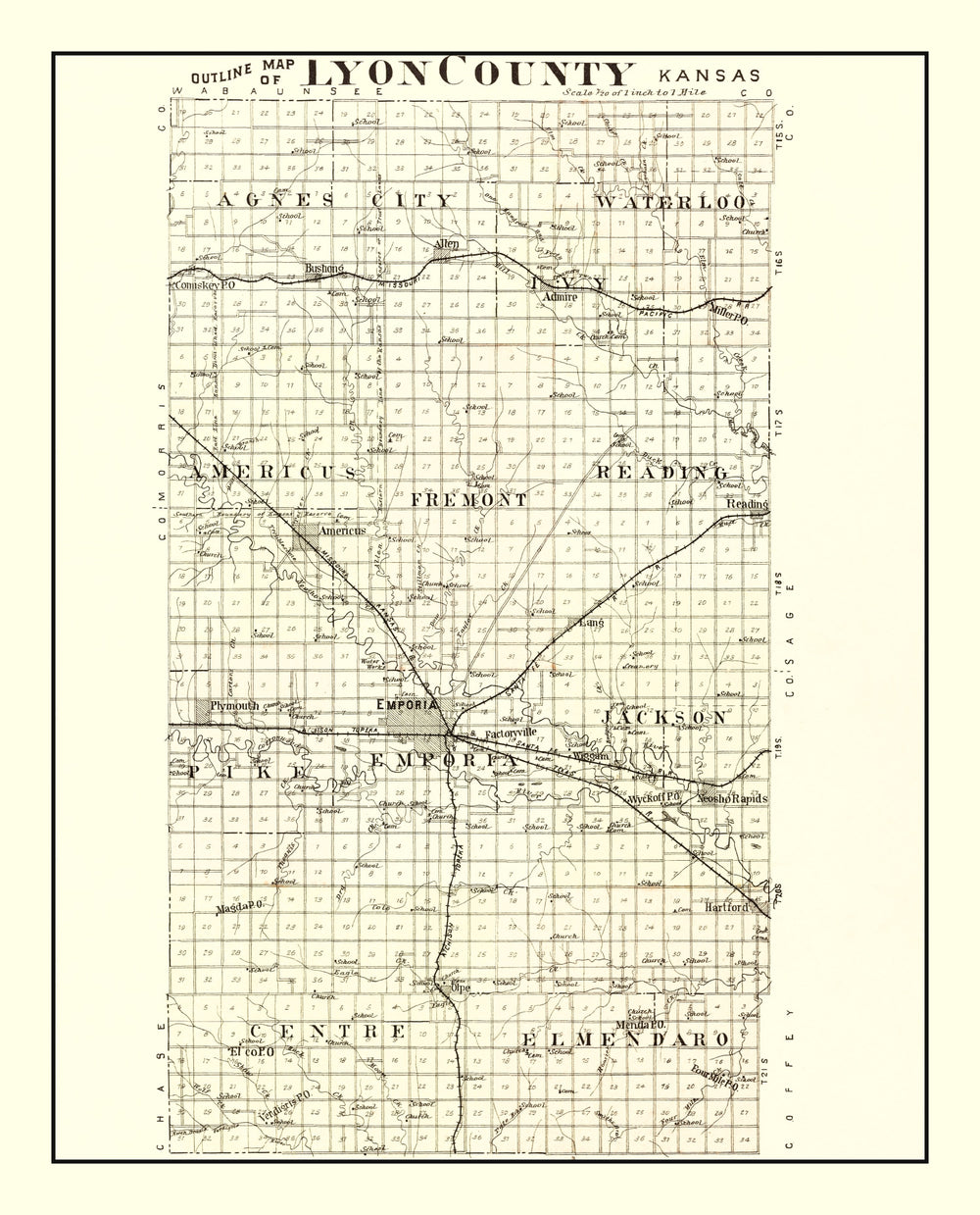 Vintage Map of Lyon County, Kansas 1901 print style example