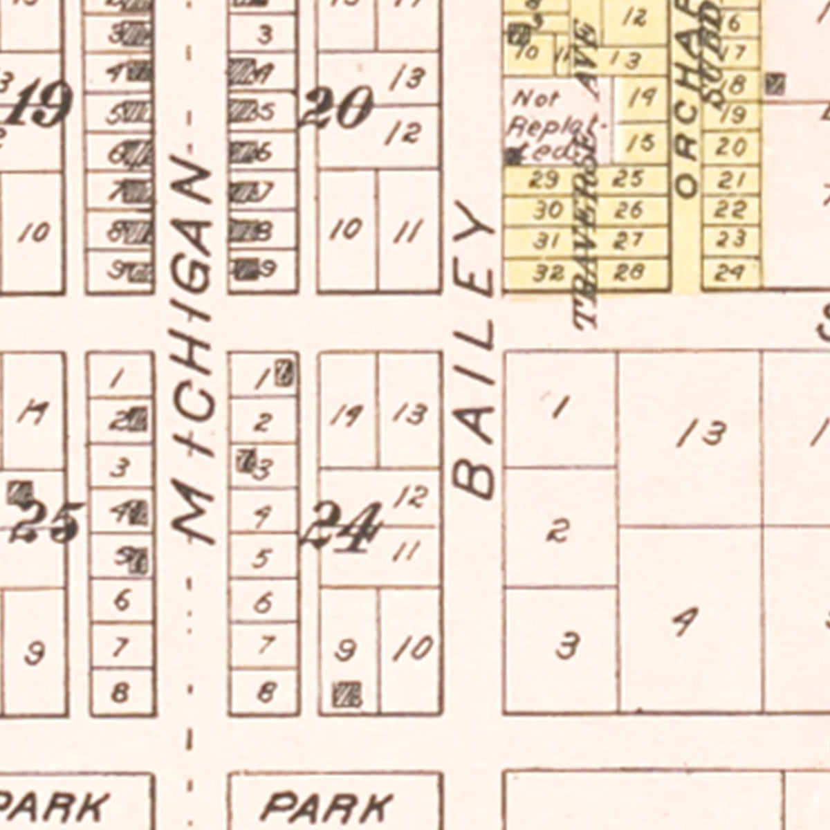 Restored historic details from the 1901 city map of Benzonia, Michigan