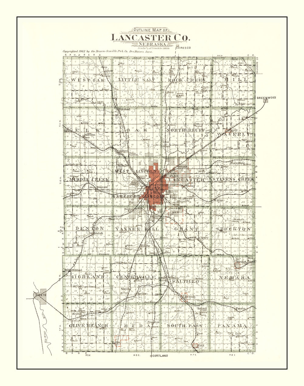 Vintage Map of Lancaster County, Nebraska 1903 print style example