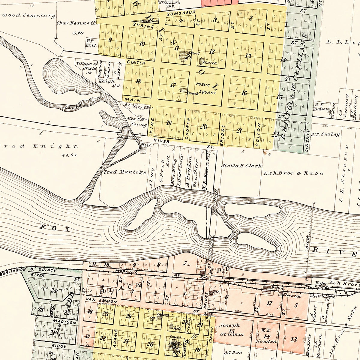 Restored historic details from the 1903 city map of Bristol, Illinois
