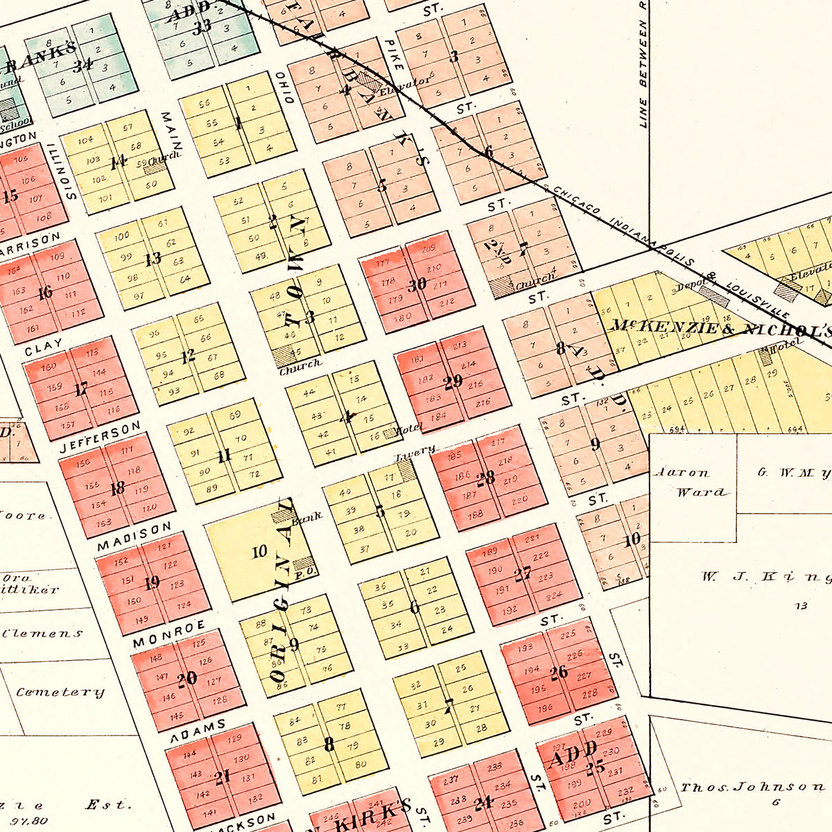 Restored historic details from the 1903 city map of Kirklin, Indiana