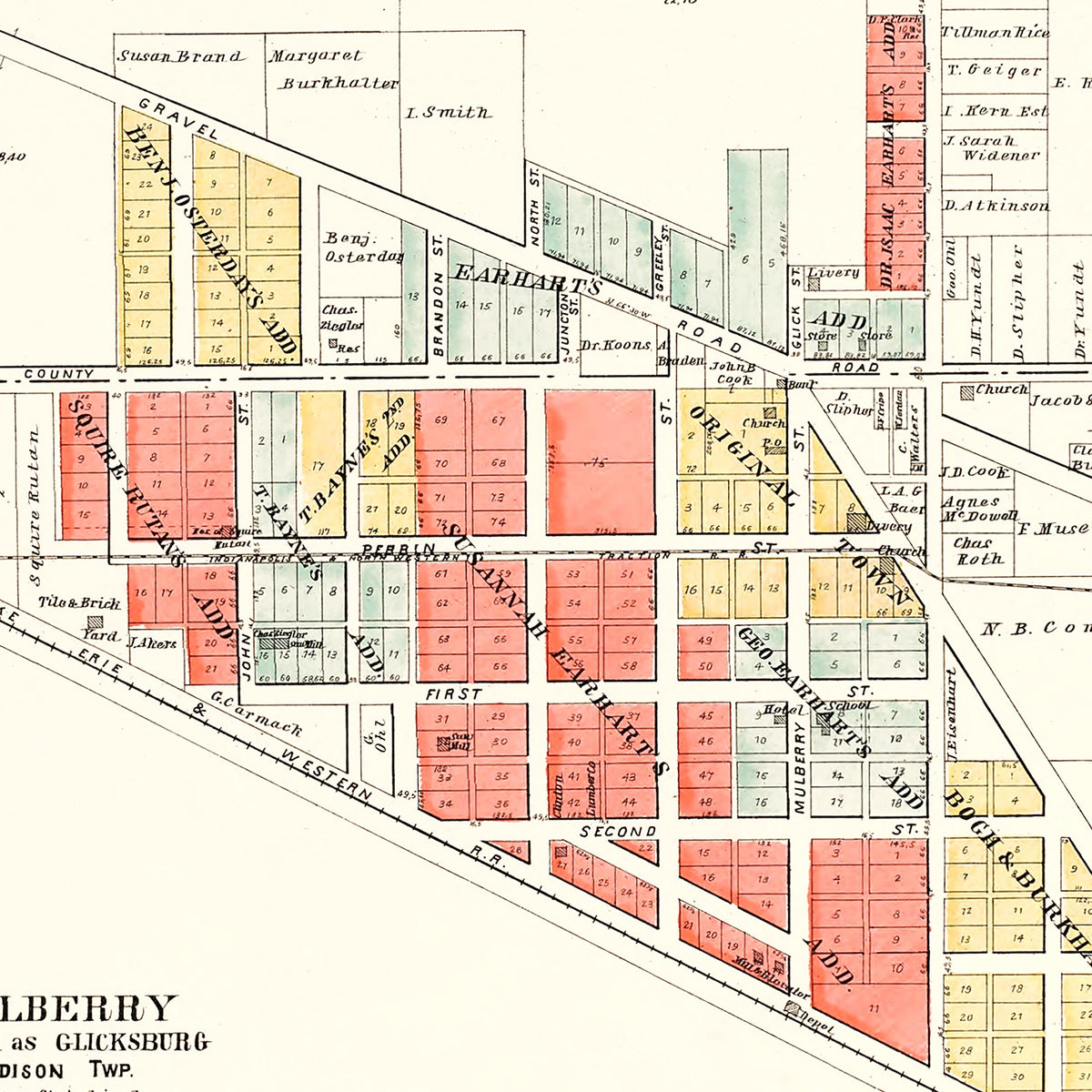 Restored historic details from the 1903 city map of Mulberry, Indiana